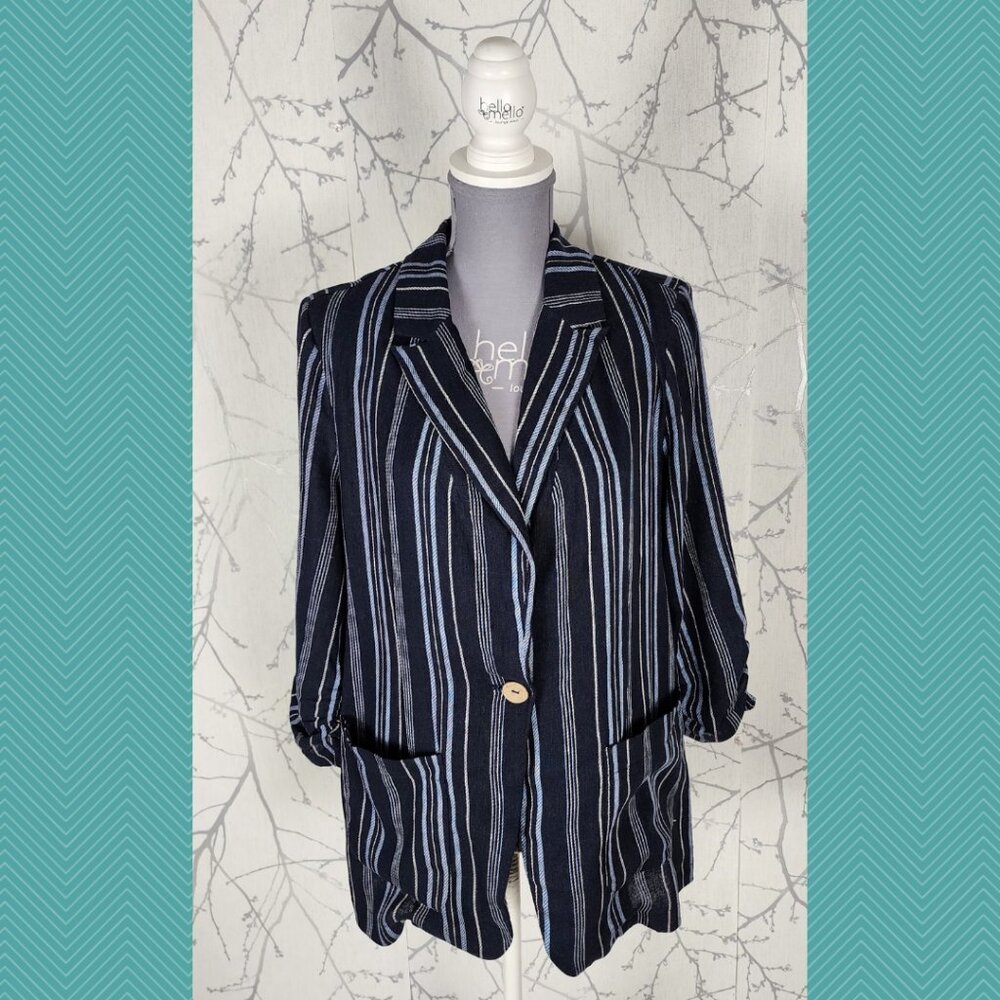 Ellen Tracy Navy Stripe 55% Linen Lightweight Unstructured Blazer